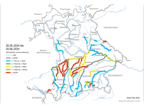 In der Übersichtskarte Bayerns sind die Flussabschnitte entsprechend der maximalen Jährlichkeiten der Scheitelabflüsse beim Hochwasser im Mai/Juni 2024 farblich eingefärbt. In den rot markierten Flussabschnitten wurden die größten Jährlichkeiten erreicht.