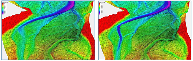 Zwei Abbildungen eines zweidimensionalen Feststofftransportmodells zeigen ein Berechnungsnetz mit modellierten Geländehöhen einer Flusssohle im zeitlichen Abstand von mehreren Jahren.