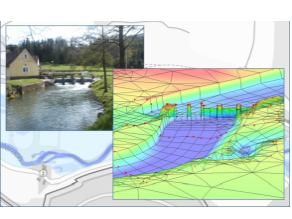 Foto eines Wehres, sowie dessen genaue Umsetzung im Berechnungsnetz des zweidimensionalen hydraulischen Modells als Grafik