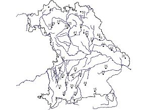 Bayernkarte mit Zahleneintragungen des registrierten Wasserdargebots vom 08. bis 10.03.2006 (Summe aus Schneeschmelze und Regen [mm] an den Messnetzstationen.