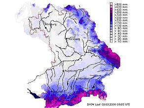 Bayernkarte mit Eintragungen der regionalisierten Wasseräquivalente [mm] (farblich unterschiedliche Bereiche).