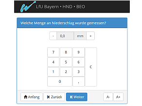 Screenshot von Beo mit Tastaturfeld zur Eingabe der Niederschlagsmenge