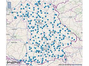 Kartenbeispiel zum Niederschlagsmessnetz des Gewässerkundlichen Dienstes (GKD). Bayernkarte mit den Messstellen.