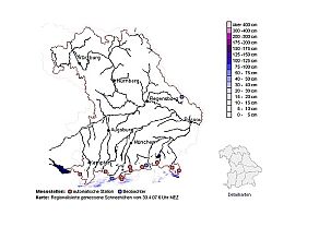 Kartenbeispiel zum Schneemessnetz des Hochwassernachrichtendienstes (HND). Bayernkarte mit den Messstellen.