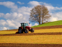 Ein Traktor fährt beim Pflügen quer zum Hang.