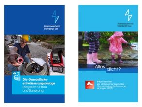 Zwei Titelseiten des Abwasserverbands Starnberger See, links ein Techniker mit Prüfgerät, rechts kinder stapfen durch Pfützen.