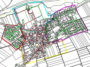 Plan der Gemeinde mit den vier Sektoren. Plan der Gemeinde mit den vier Sektoren.
