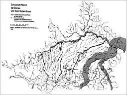 Zeichnung des Einzugsgebietes der Donau. Die Nebenflüsse mit stärkerem Schwebstoffband (mittlere Jahresfrachten; hier besonders der Inn) sind als kräftigeres Band dargestellt.