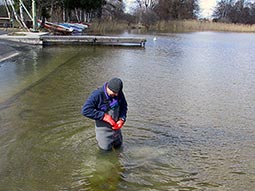 Mensch im Wasser am Seeufer, der eine Schlammprobe nimmt