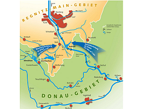 Schemazeichnung der Überleitungsmengen des Donauwassers über die europäische Wasserscheide in das Maingebiet