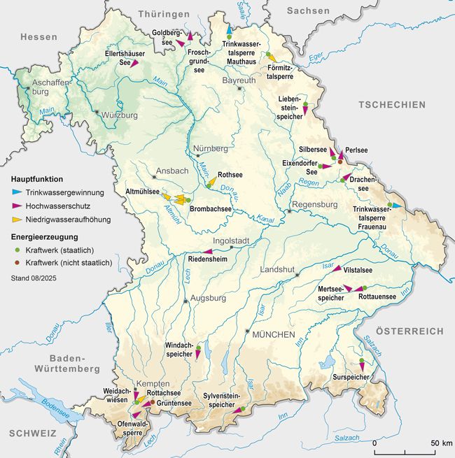 Bayernkarte mit den markierten Standorten der Wasserspeicher.