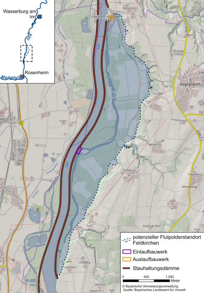 Der Umgriff des potenziellen Flutpolderstandorts Feldkirchen am Inn (zwischen Rosenheim und Wasserburg).