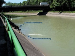 Ein Bereich an einem Fluss an dem Kühlwasser entnommen wird und etwas fliussabwärts das erwärmte Kühlwasser wieder eingeleitet wird.