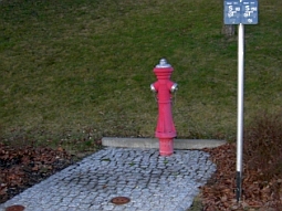 Bild von einem roten Hydranten (Überflurhydrant).