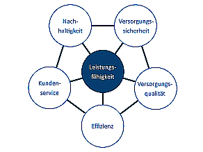 Fünf Säulen des Benchmarkings (6 Kreise mit Text) - mittig: Leistungsfähigkeit; darum herum: Nachhaltigkeit, Versorgungssicherheit, Versorgungsqualität, Effizienz und Kundenservice.