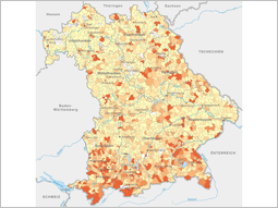 Bayernkarte mit Darstellung des einwohnerspezifischen Verbrauchs (Gemeinden). Der höchste Verbrauch ist in Südbayern.