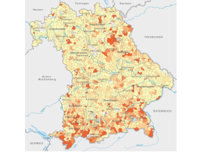 Bayernkarte mit Darstellung des einwohnerspezifischen Verbrauchs (Gemeinden). Der höchste Verbrauch ist in Südbayern.