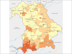 Bayernkarte mit Darstellung des einwohnerspezifischen Verbrauchs (Landkreise). Der höchste Verbrauch ist in Südbayern.