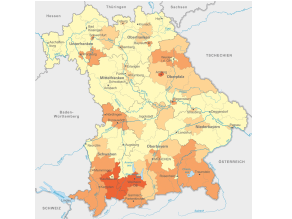 Bayernkarte mit Darstellung des einwohnerspezifischen Verbrauchs (Landkreise). Der höchste Verbrauch ist in Südbayern.