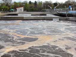 Belebungsbeckens der Kläranlage Memmingen. Es befindet sich Schaum auf der Oberfläche.