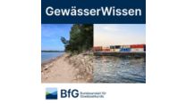 Logo GewässerWissen: gleichlautender Text oben, unten 'Bundessanstalt für Gewässerkunde'. Dazwischen ein natürliches Flussufer links, rechts ein Containerhafen mit gestapelten Containern.