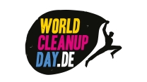 Logo des World Cleanup Day mit stiliserter Zeichnung einer Person, die einen großen Sack mit dem bunten Schriftzug "WORLD CLEANUP DAY.DE" trägt.