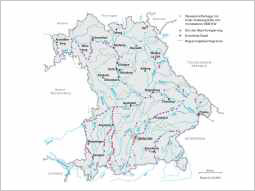 Bayernkarte mit den Wasserkraftanlagen an den Fließgewässern.