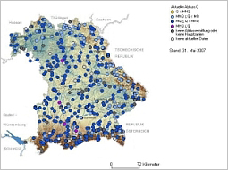 Bayernkarte vom 31.05.2007, auf der die Lage der Gewässerkundlichen Messstellen zu sehen ist.