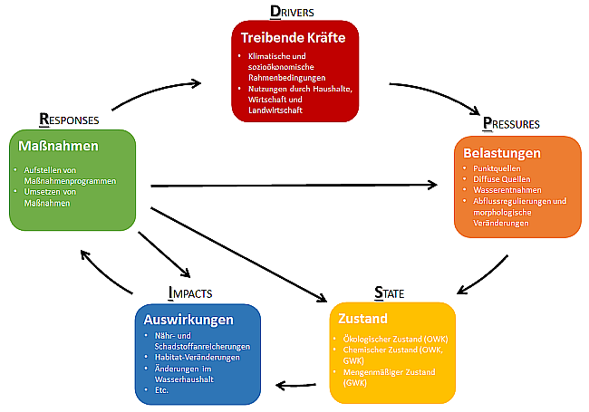 Das Schaubild zum DPSIR-Ansatz stellt die Ursachen-Wirkungszusammenhänge in der Umwelt sowie die Planungsphasen und Umsetzungsschritte der europäischen Wasserrahmenrichtlinie dar. Hierfür sind Treibende Kräfte, Belastungen, Zustand, Auswirkungen und Maßnahmen in verschiedenfarbigen Kästen abgebildet. Die Wirkungszusammenhänge sind mit Pfeilen dargestellt.